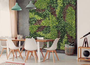 Jardim vertical sintético com folhas mistas e desenho em ziguezague