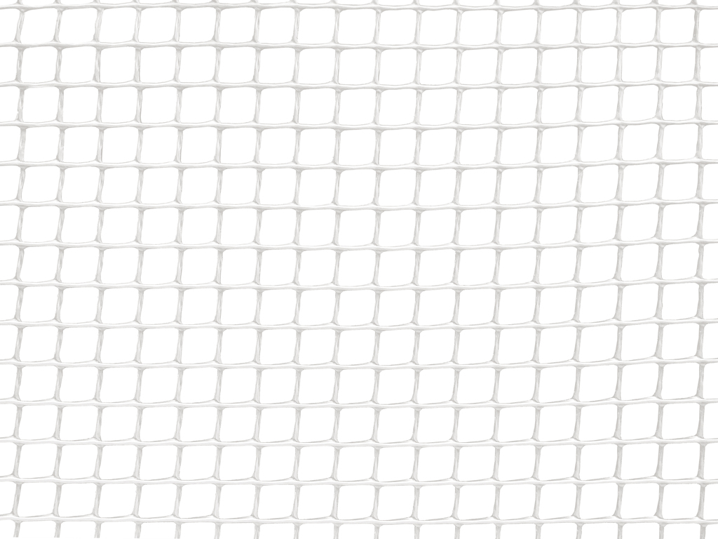 A piece of white plastic mesh with small square meshes on the gray  background.