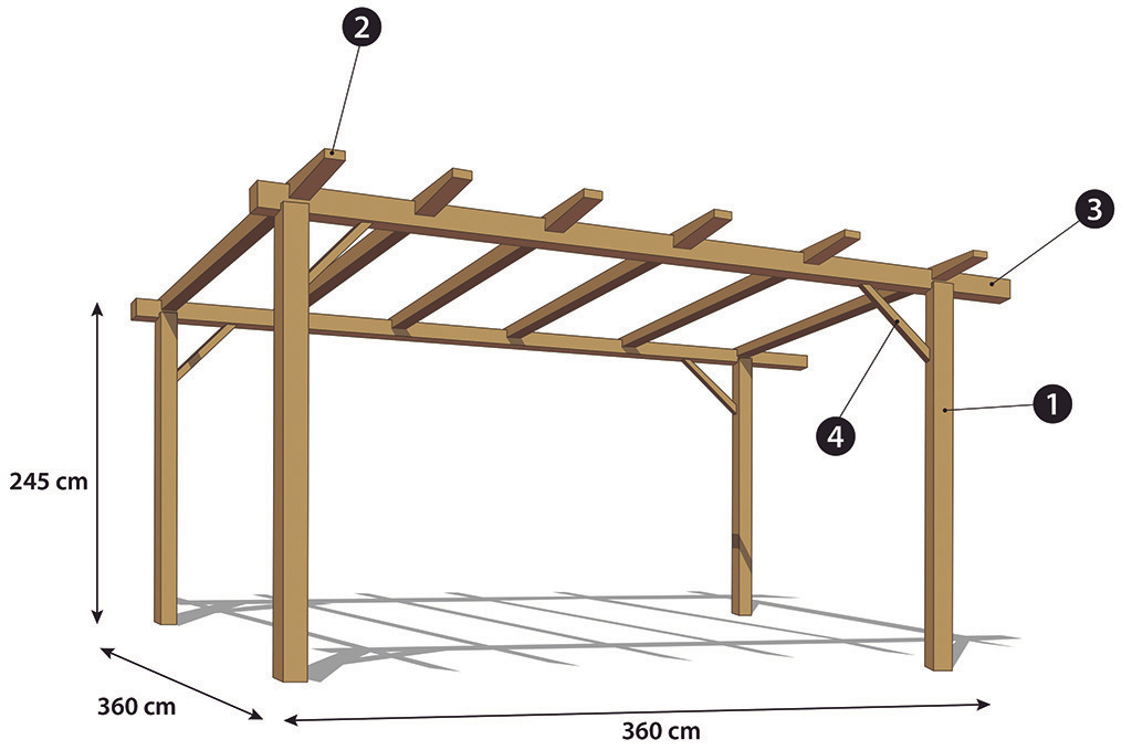 Kit para pérgola de madera cuadrada de 360 x 360 cm - Nortene